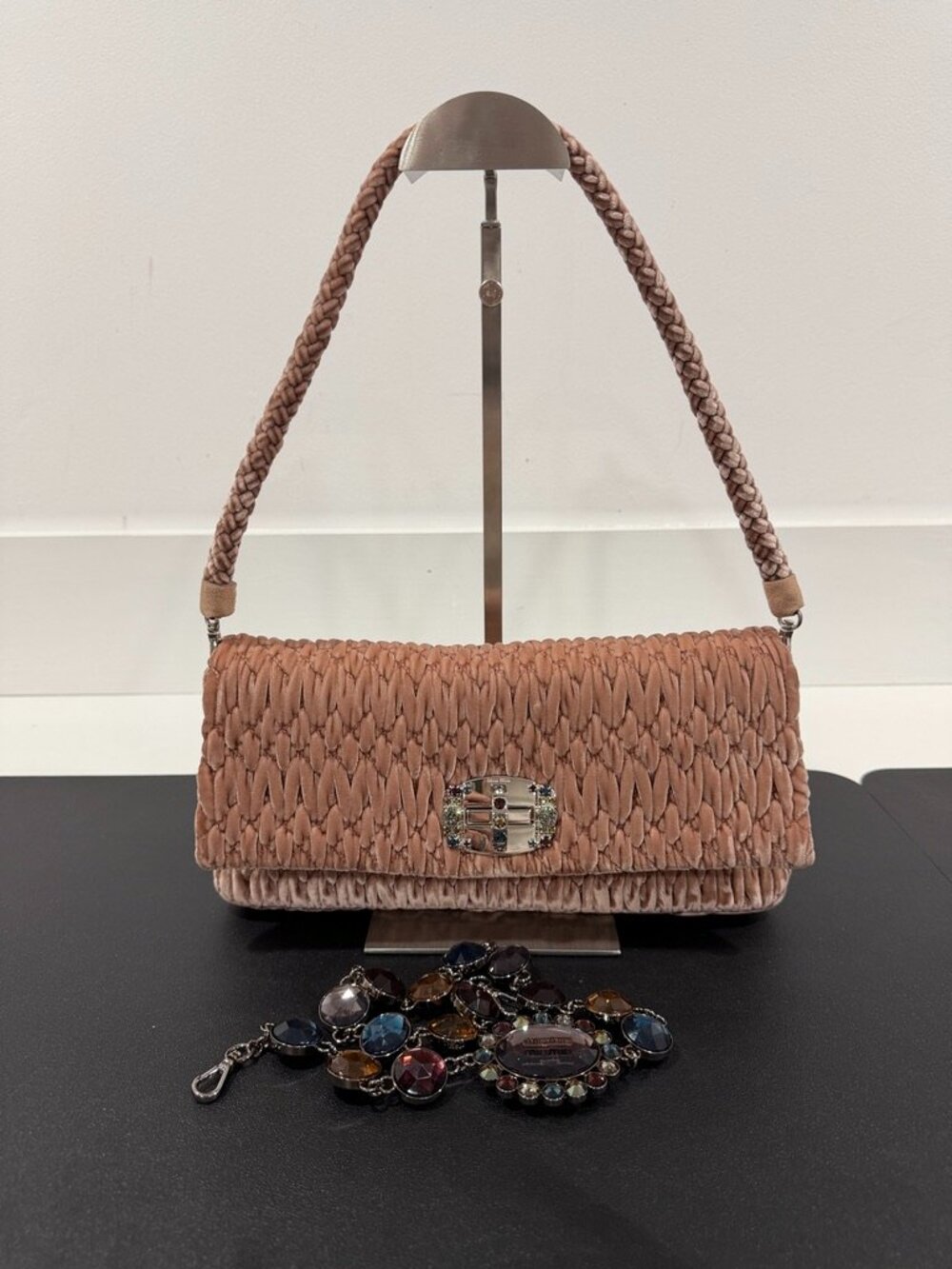 Miu Miu Velluto Matelasse Crystal Chain Shoulder Bag (JB1491)